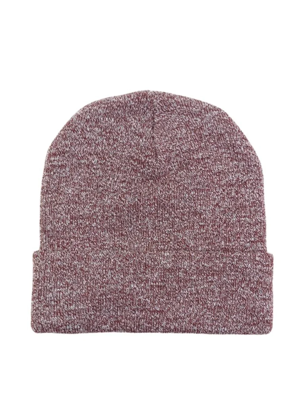 Techstyles Unisex Heathered Burgundy & White Beanie w/ Faux Leather Logo Patch